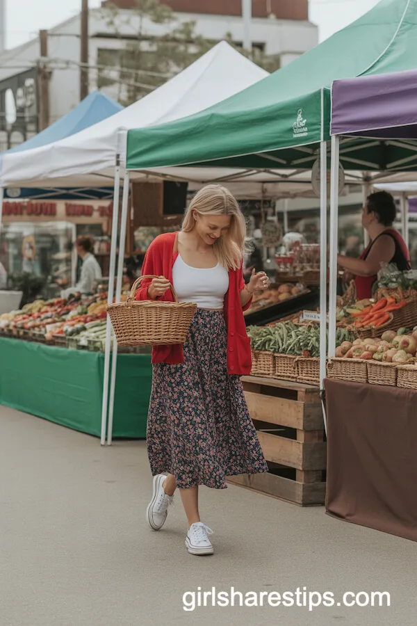 Loose Red Cardigan with Floral Midi Skirt