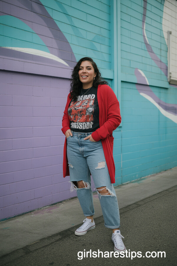 Casual Red Cardigan with Graphic Tee and Boyfriend Jeans