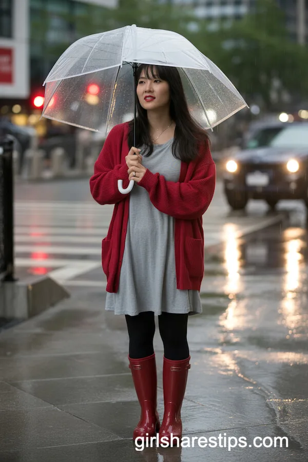 Chunky Red Cardigan and Rain Boots for Rainy Days