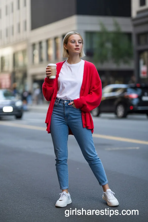 Bright Red Cardigan with White Tee and Skinny Jeans