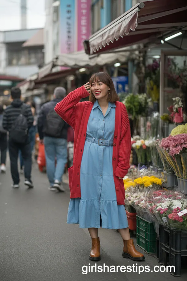 Chunky Red Cardigan Over a Denim Dress