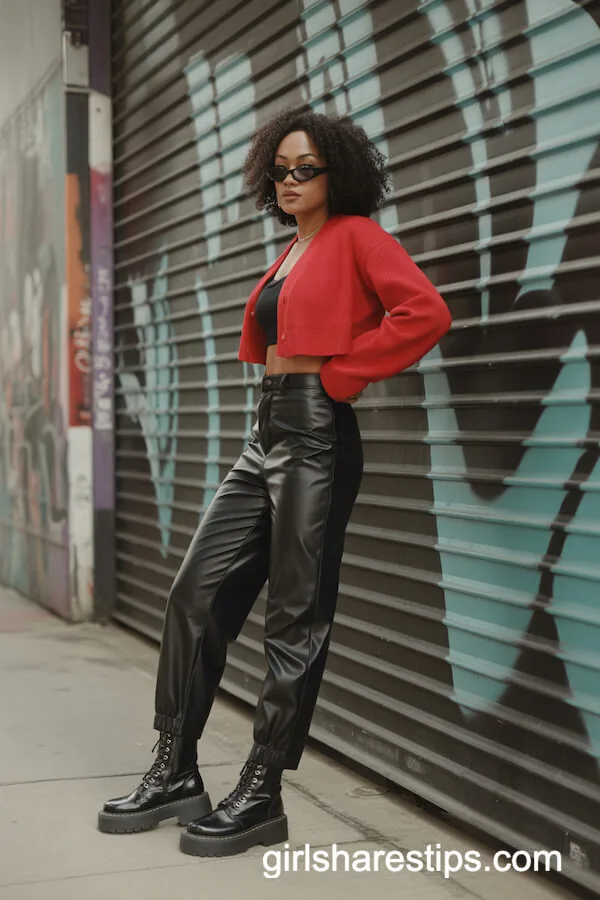 Cropped Red Cardigan and Faux Leather Pants Street Style
