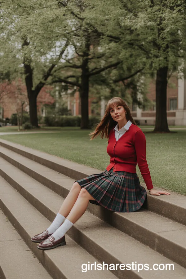 Fitted Red Cardigan with Plaid Skirt and Loafers