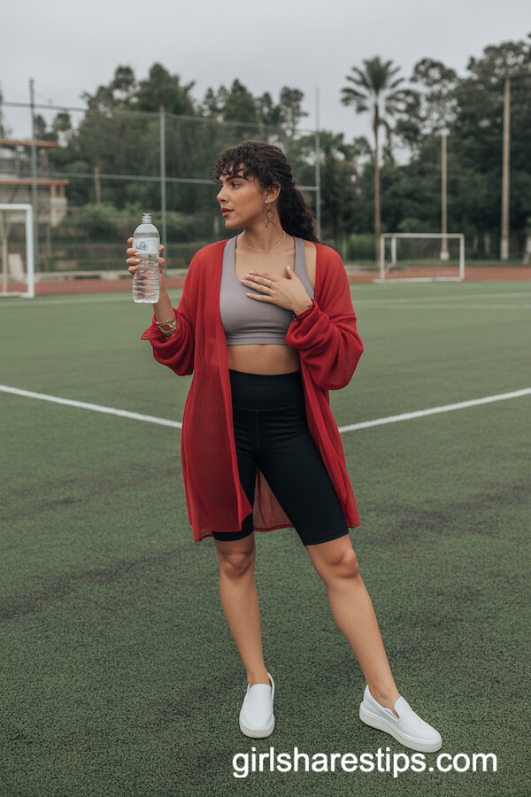 Loose Red Cardigan with Sports Bra and Biker Shorts
