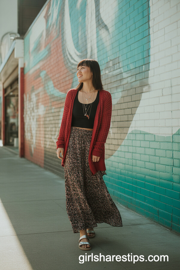 Slouchy Red Cardigan Boho Maxi Skirt