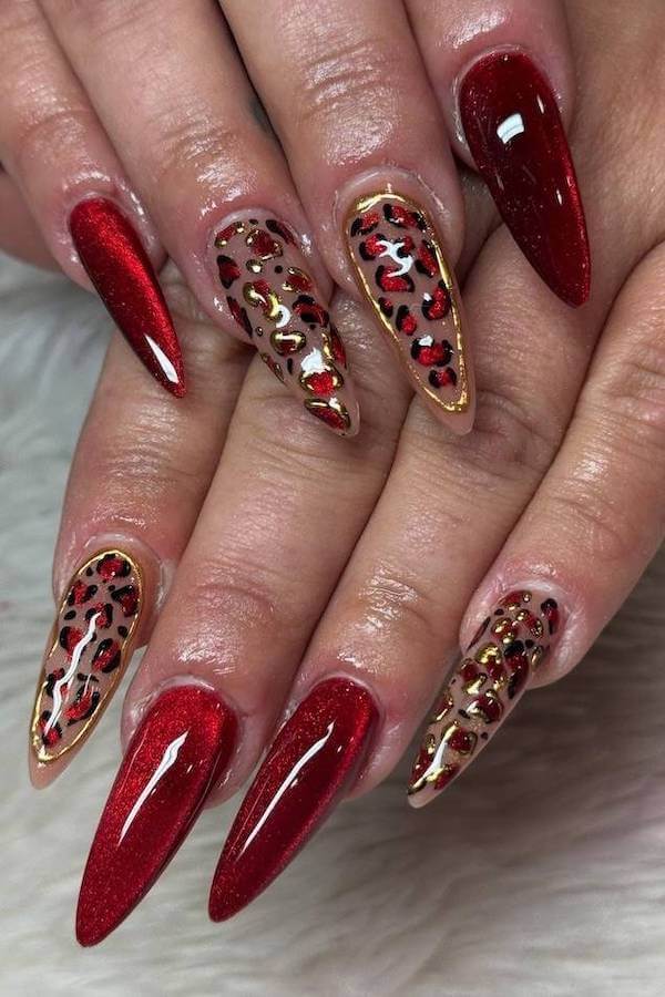 Red Cat Eye and Leopard Print Nails
