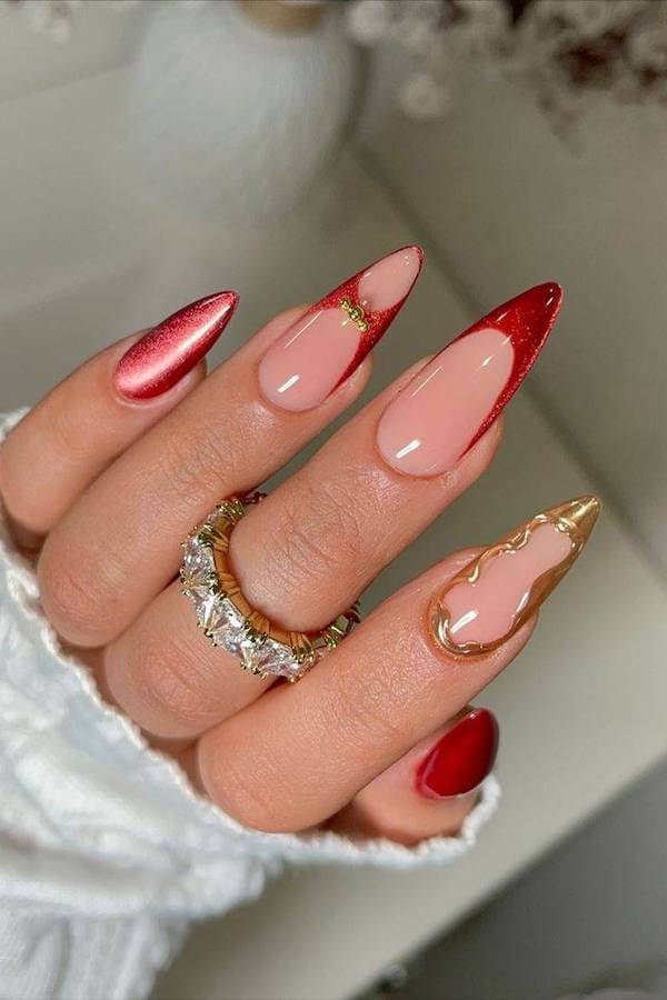 Red Cat Eye Gold Chrome Nails
