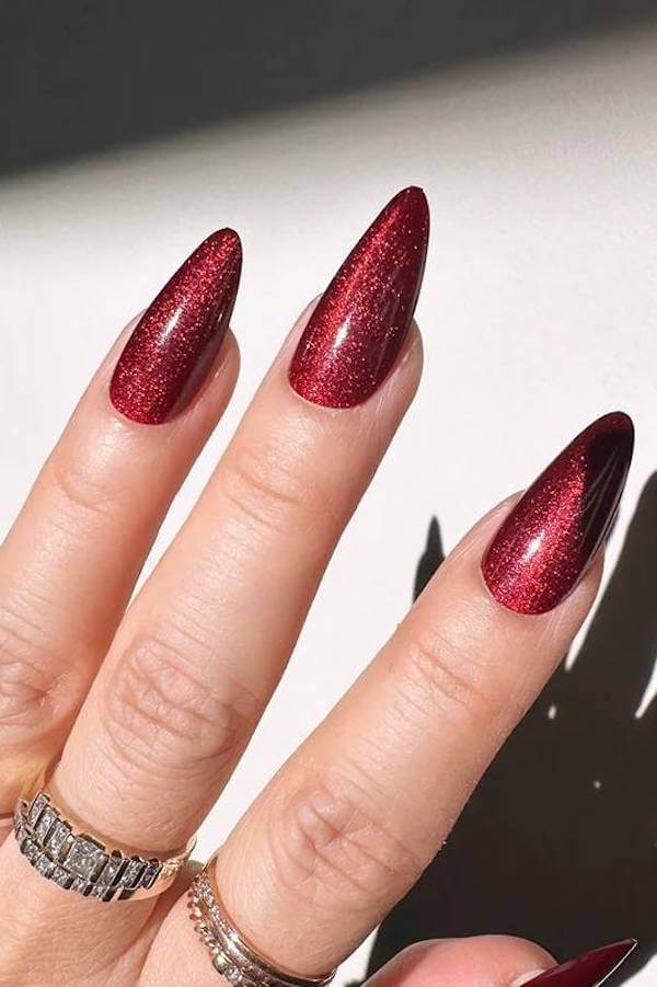 Red Glitter Cat Eye Almond Nails
