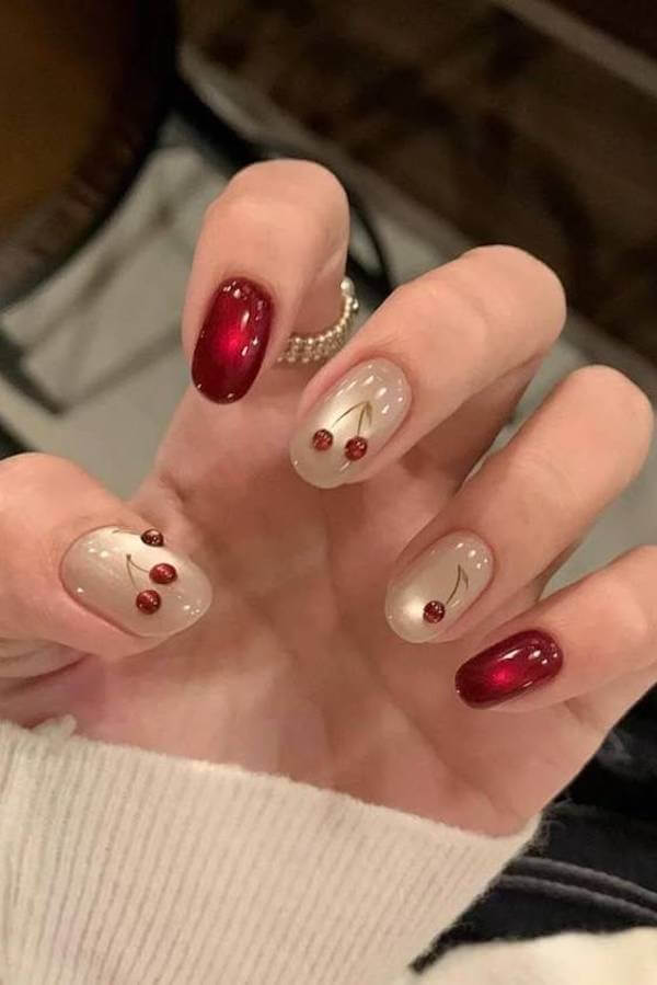 Red Cat Eye Nails with Cherry Art