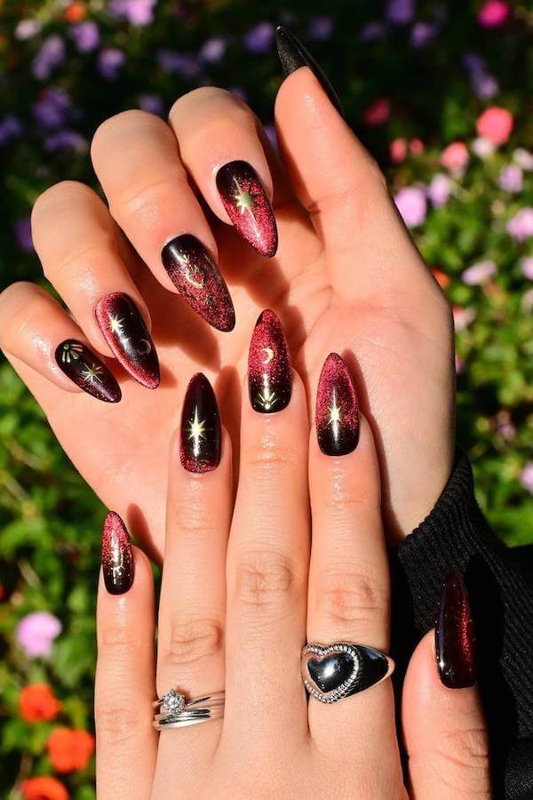 Red Cat Eye Nails with Gold Star Art