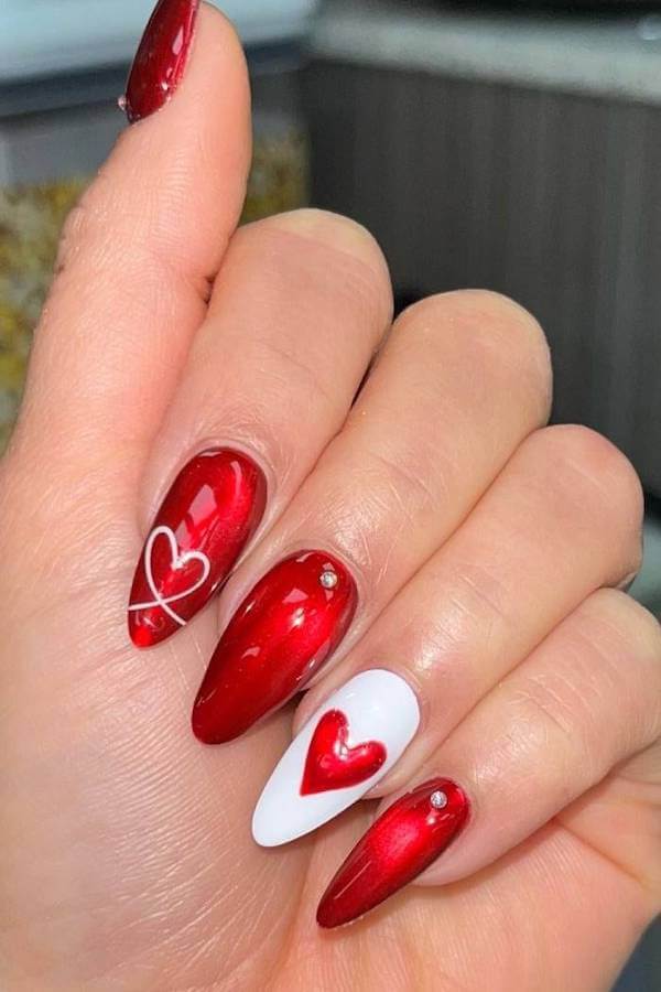 Red Cat Eye Nails with 3D Heart Art