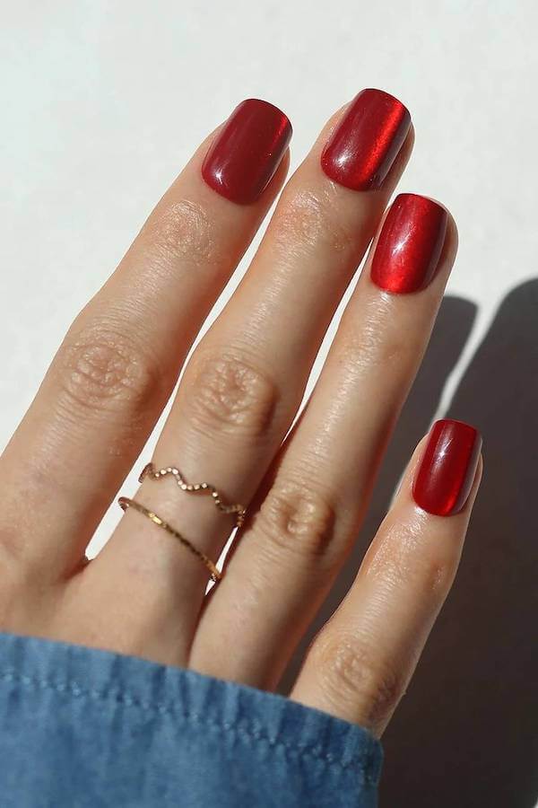 Deep Red Cat Eye Rounded Square Nails