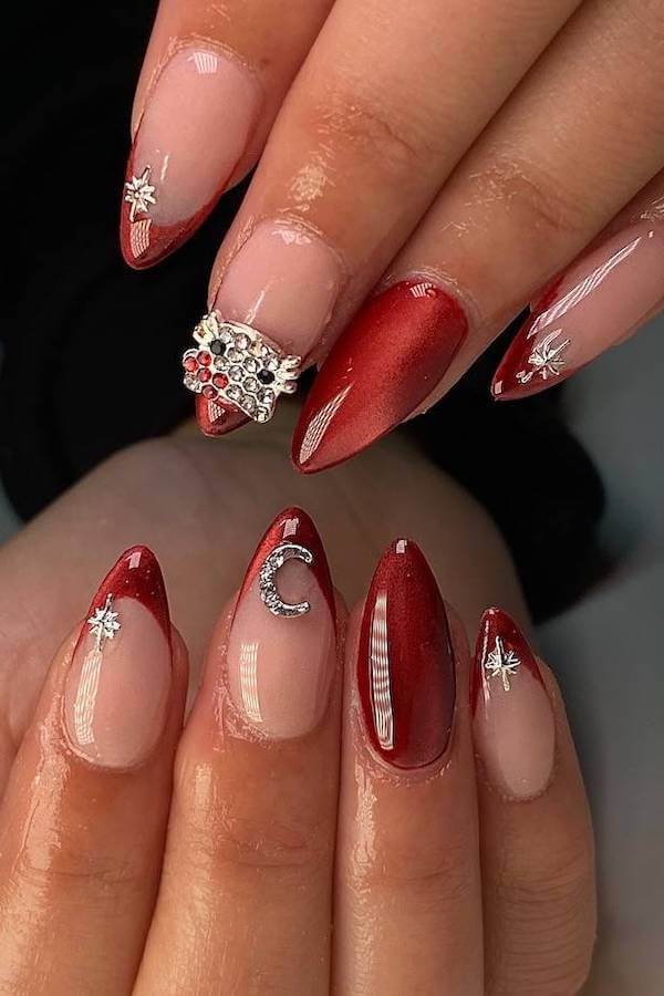 Cat Eye Red French Tips with Moon and Star Accents