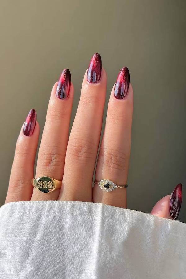 Burgundy Ombre Cat Eye Nails