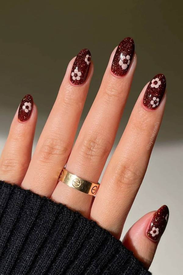 Red Cat Eye Nails with White Daisy Flowers