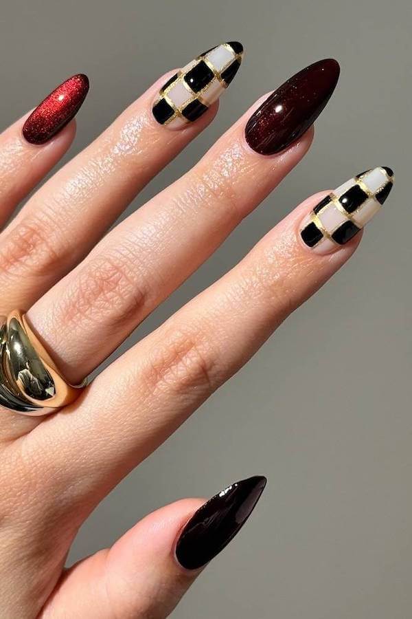 Red Cat Eye Plaid Checkerboard Nails