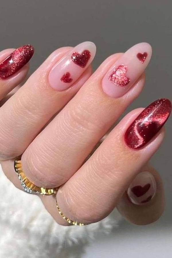 Red Cat Eye Nails with Glitter Hearts