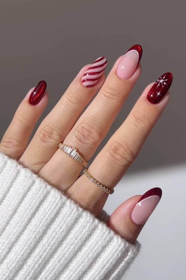 Red Cat Eye Nails with Candy Cane Stripes