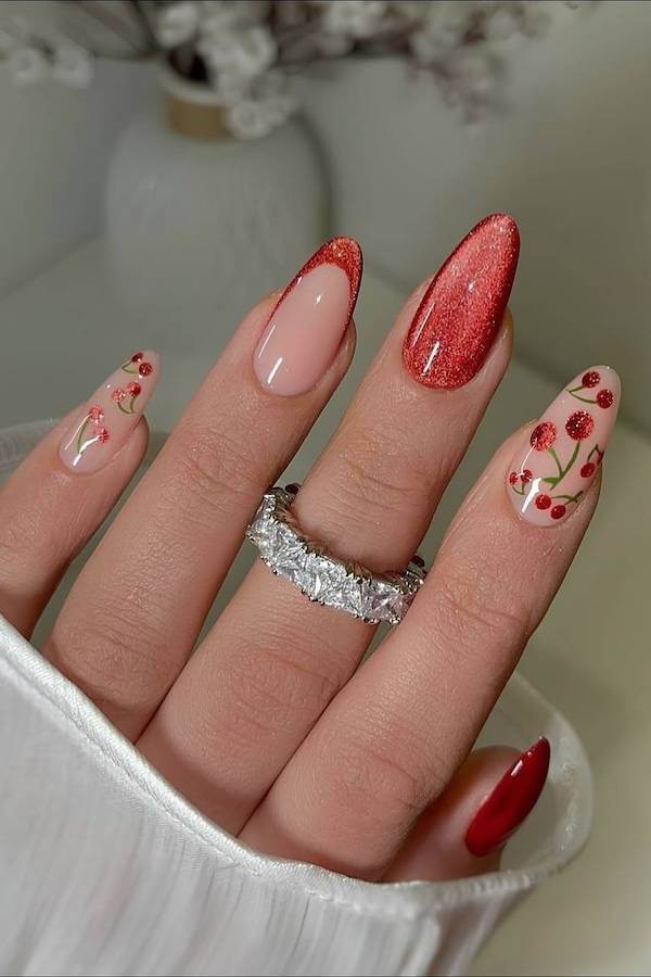 Red Cat Eye Nails with Red Floral Details