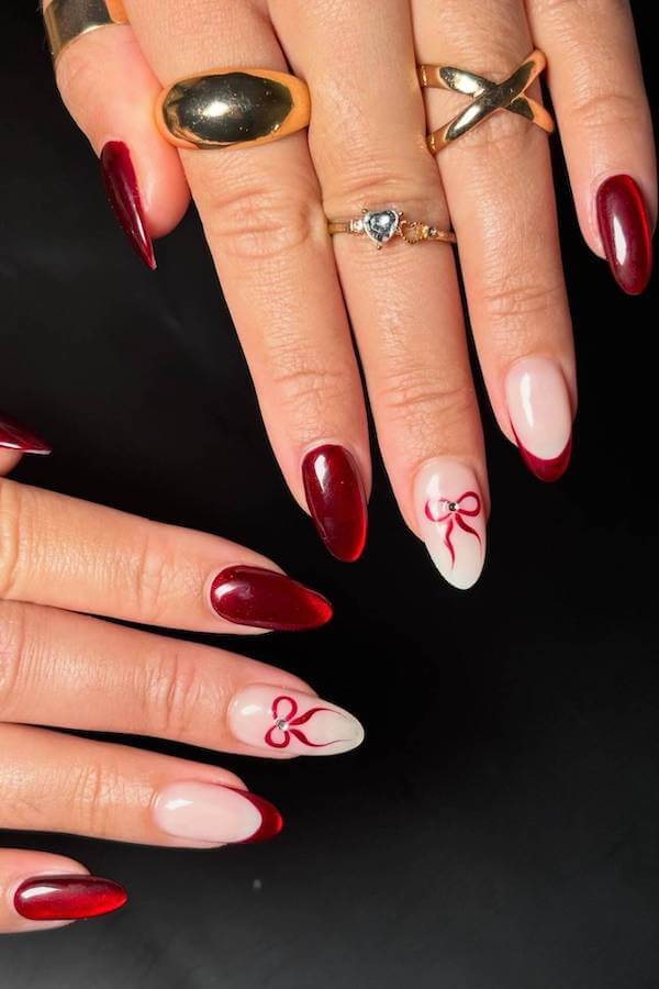 Red Cat Eye French Tips with Bow Accent Nails