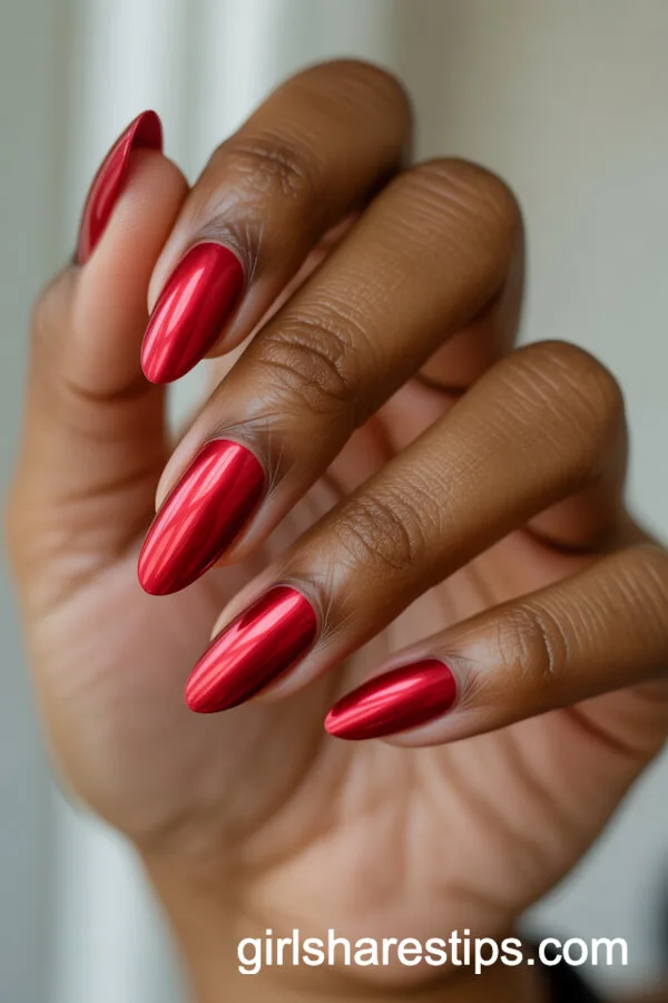 Almond Red Chrome Nails with Mirror-Like Metallic Shine