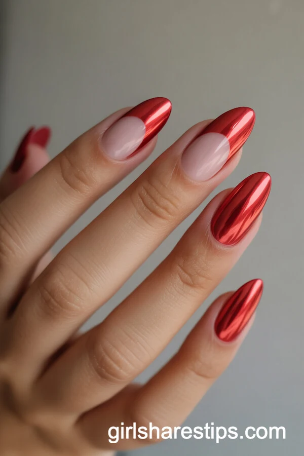 Almond Chrome Nails with Bare Half-Moon Bases