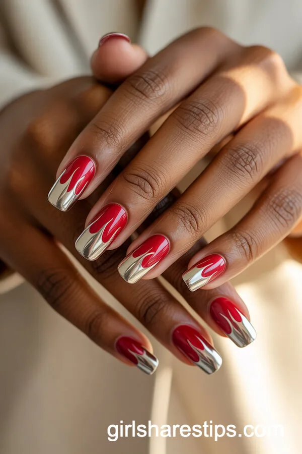 Red Chrome Squoval Nails with Dramatic Flame Tips