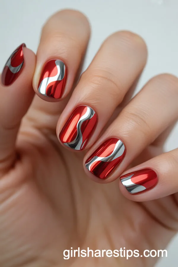 Mirror-Red Chrome Nails with Abstract Silver Wave Art