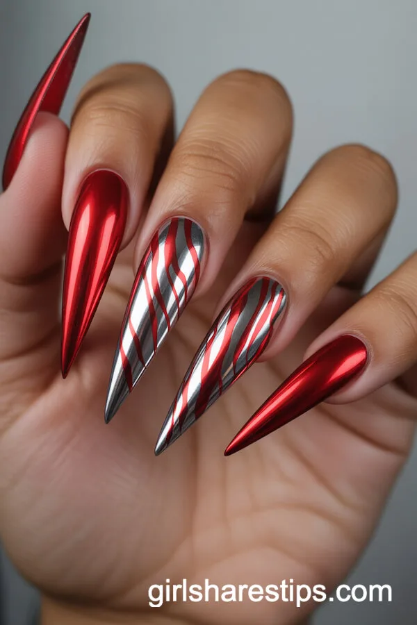 Stiletto Red Chrome Zebra Stripe Chrome Nails
