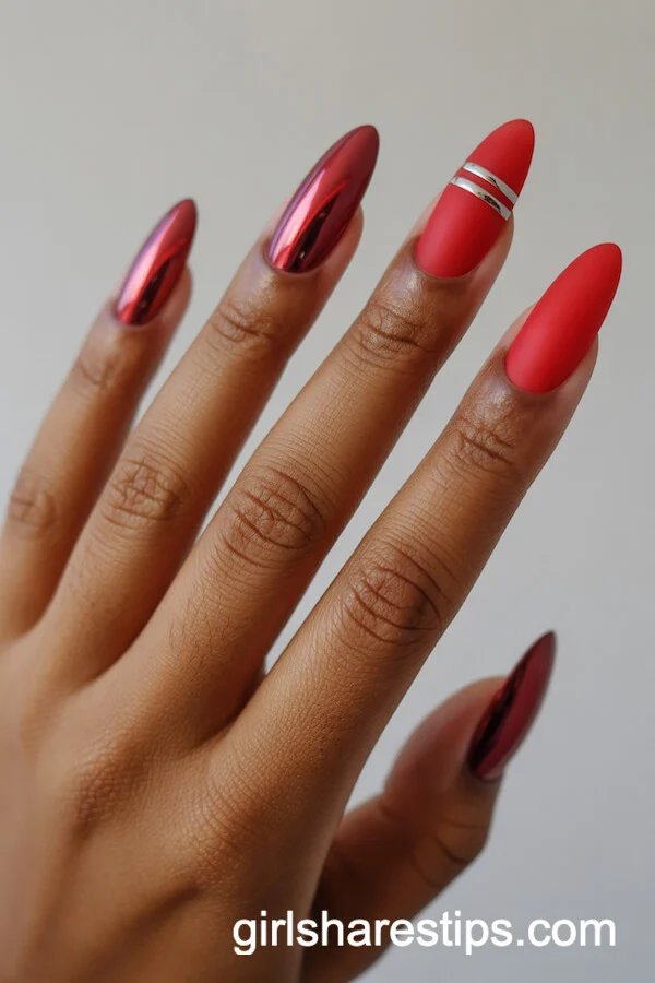 Mixed Matte and Chrome Red Ballerina Nails with Stripe Accent