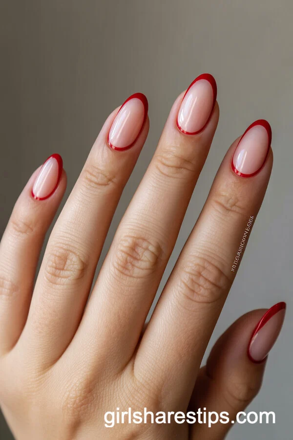 Oval Nude-Outlined Nails with Red Chrome Mirror Edges