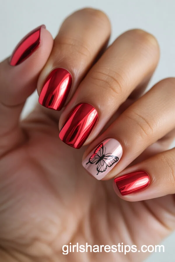 Metallic Red Chrome Nails with Tiny Butterfly Art