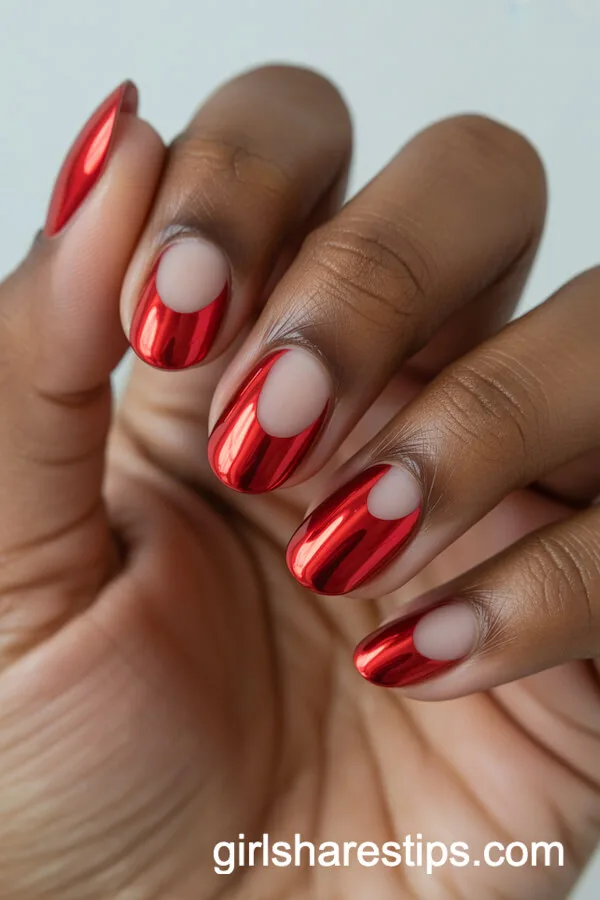 Red Chrome Round Nails with Bold Negative Space Design