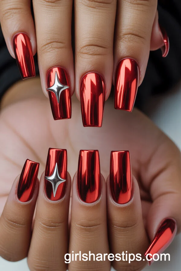 Long Square Red Chrome Nails with Metallic Star Accents