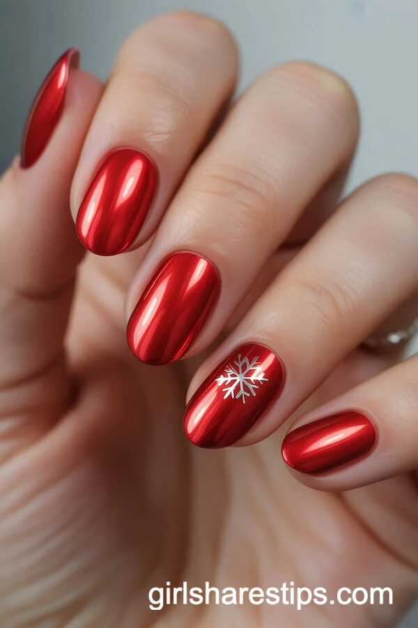 Minimalist Red Chrome Oval Nails with White Chrome Snowflake