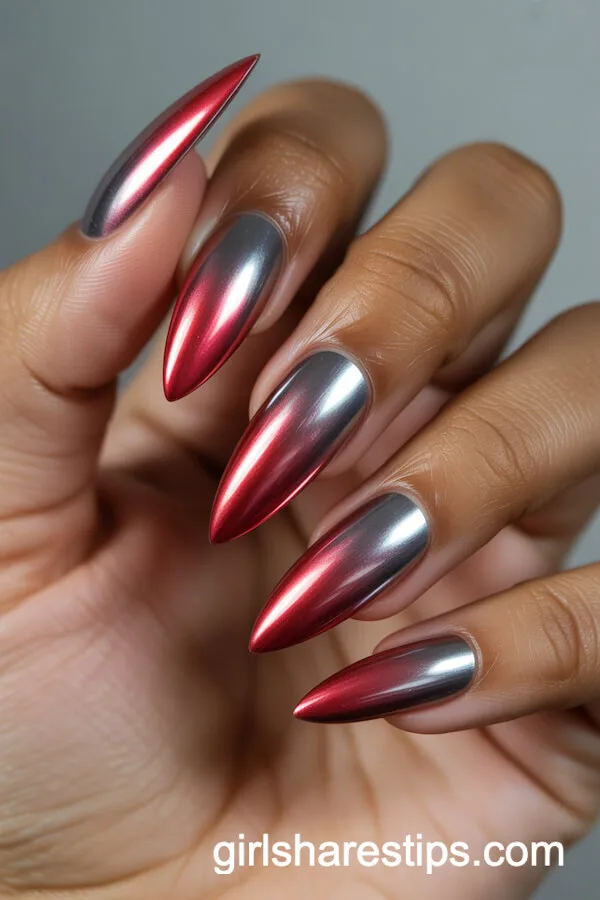 Red to Silver Ombre Stiletto Chrome Nails