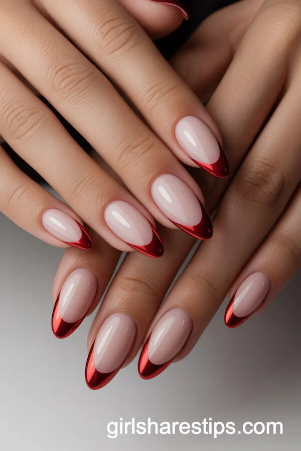Nude Matte and Red Chrome French Tip Oval Nails