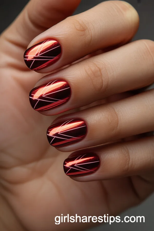 Geometric Red Chrome Lines and Negative Space Nails