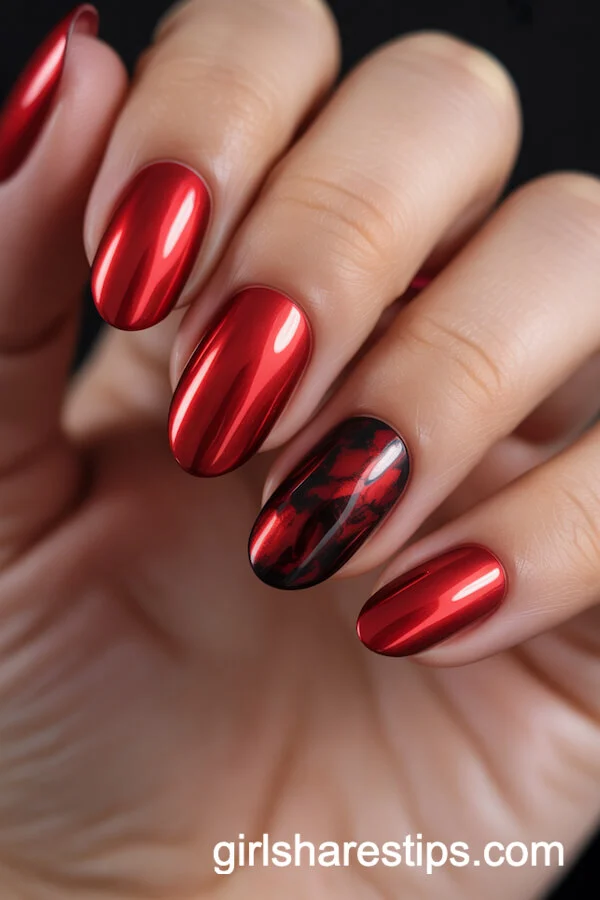 Liquid Red Chrome Oval Nails with Black Marble Accent