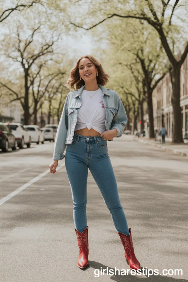 Classic Denim on Denim with Red Cowboy Boots