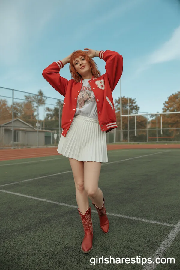 Sporty Varsity Jacket and Skirt with Red Cowboy Boots