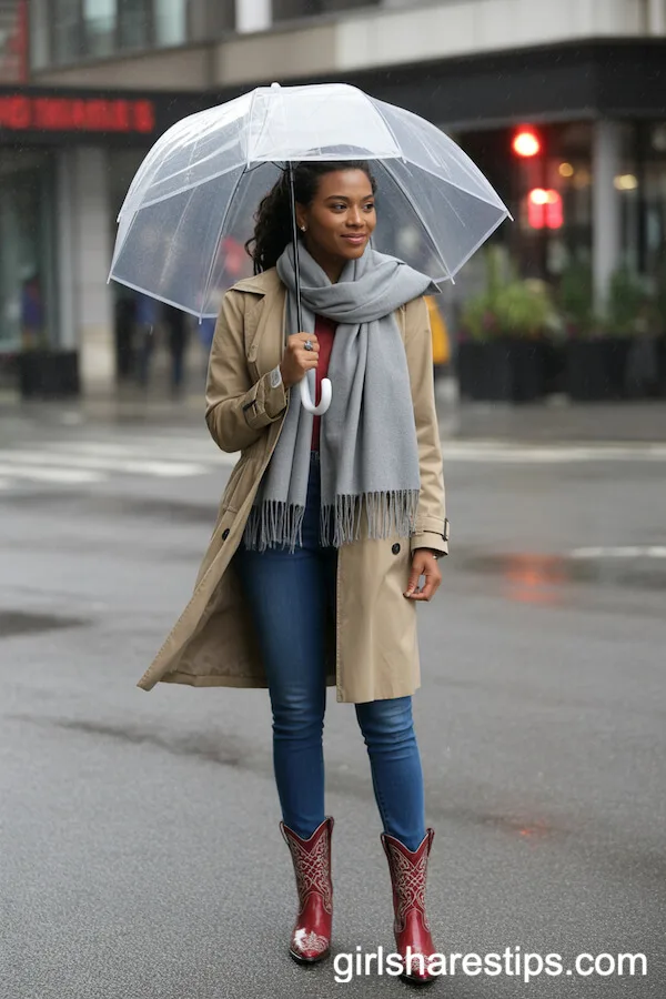 Trench Coat and Red Cowboy Boots
