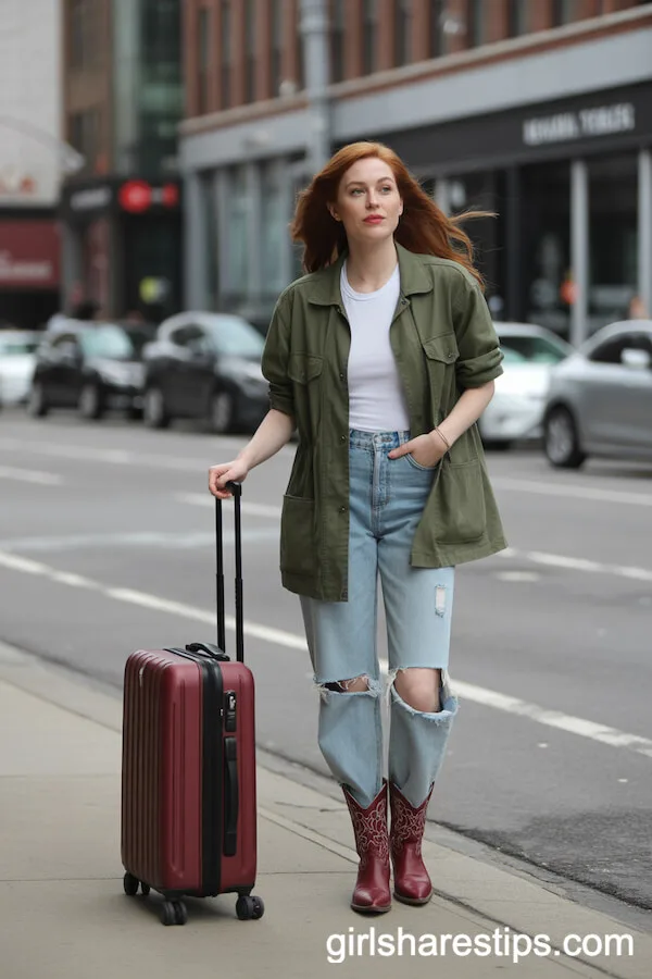 Utility Jacket, Cargo Jeans, and Red Cowboy Boots Travel Outfit