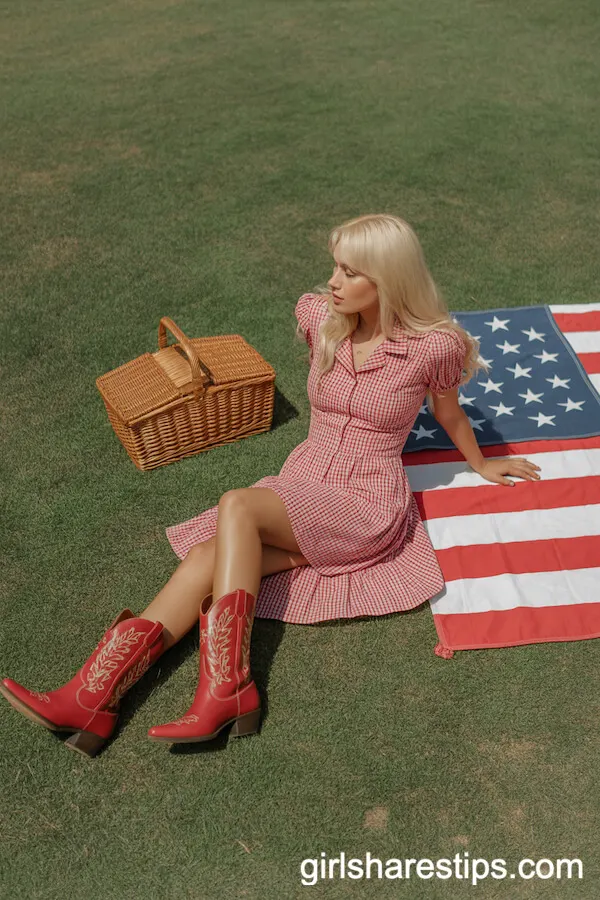 Gingham Dress and Red Cowboy Boots for a Picnic-Ready Look