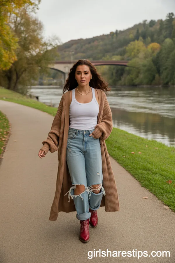 Cozy Cardigan and Distressed Jeans with Red Cowboy Boots