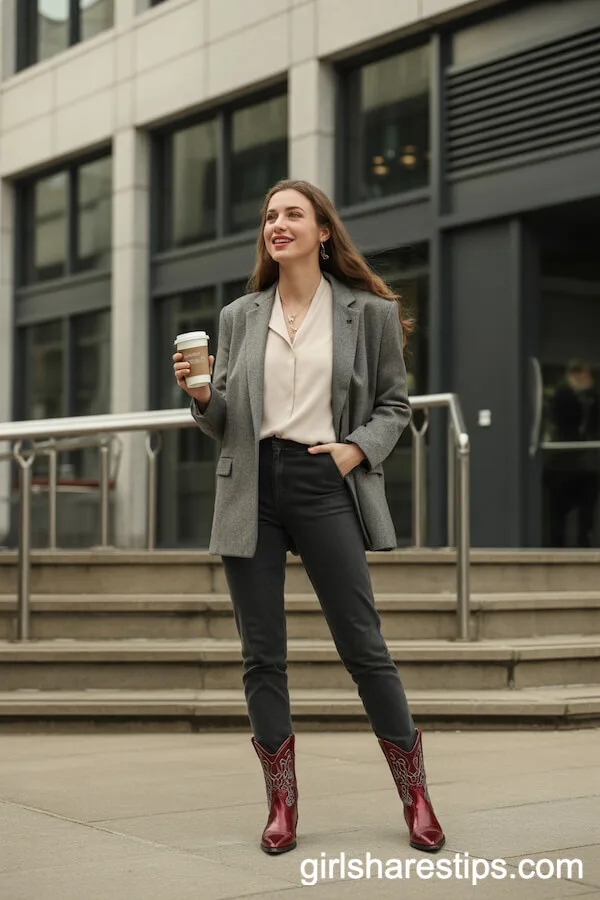 Sweater Blazer and Red Cowboy Boots for Office Elegance