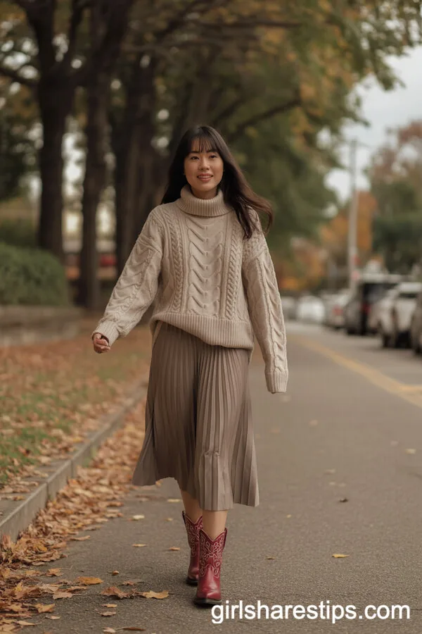 Cable Knit Sweater and Pleated Skirt Fall Outfit with Red Cowboy Boots