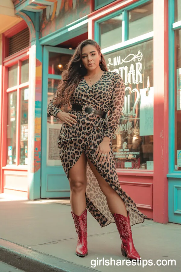 Bold-Print Wrap Dress and Red Cowboy Boots for a Statement Look