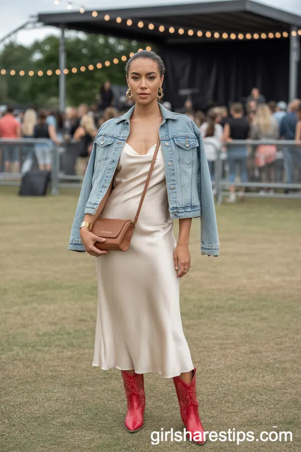 Silk Slip Dress and Denim Jacket with Red Cowboy Boots Country Concert Outfit