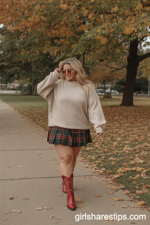 Oversized Sweater, Plaid Skirt, Red Cowboy Boots